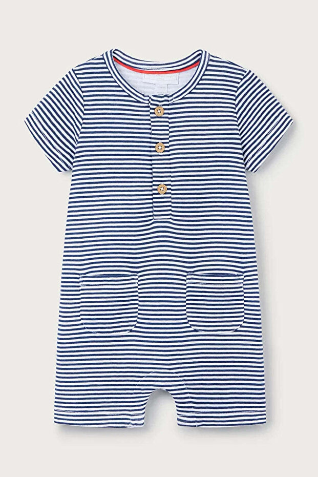 Organic Cotton Striped Short Sleeve Baby Romper - Navy Blue, 6 - 9 Months