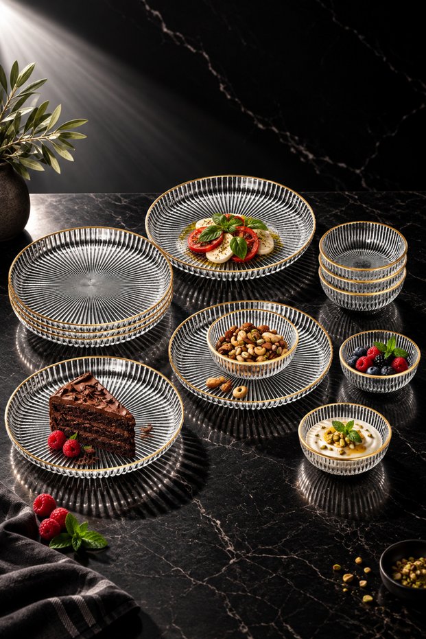 Miranda - 12 Piece Glass Dessert and Appetizer Pastry Serving Set, 6 Pieces of 10 cm Bowls, 16 cm Plates