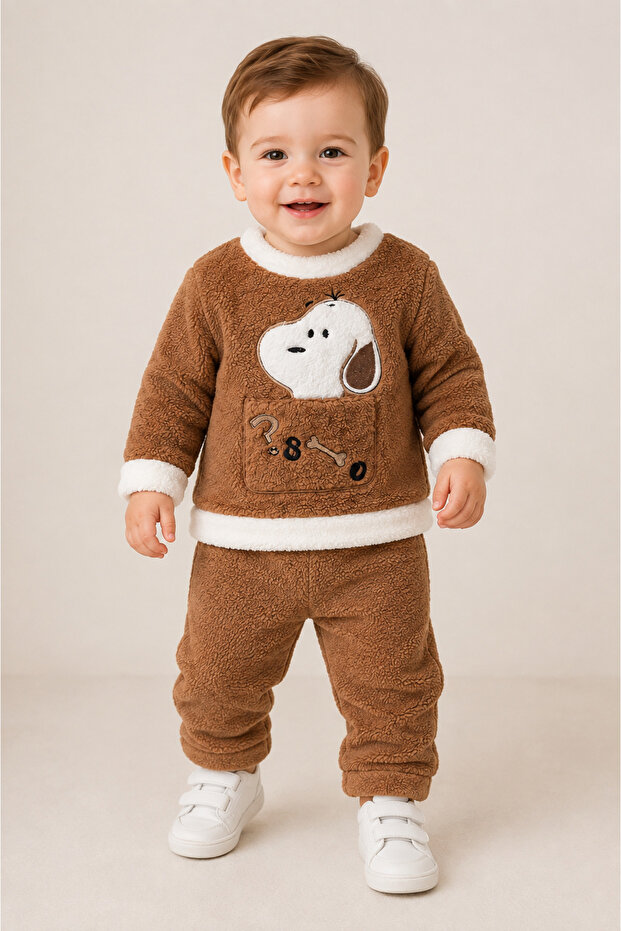 Baby Boy Dog Embroidered Welsoft Long Sleeve Top and Bottom Baby Set