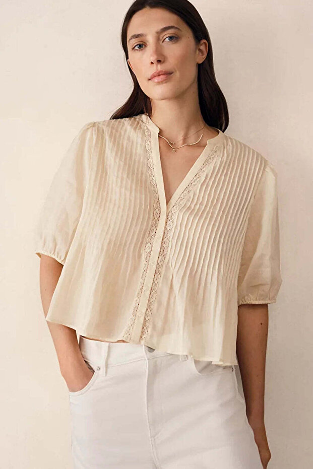 Rami Fabric Ribbed Detailed Boho Women's Blouse - Yellow, XL