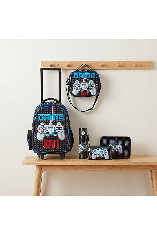 Game Print 5-Piece School Trolley Bag Set for Boys 5-8 Years with Lunch Bag - 16 inches
