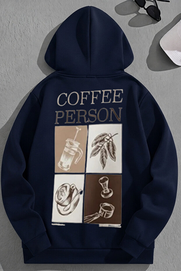 Unisex 3 Thread Cotton Navy Blue Coffeeperson Print Loose Fit Sweatshirt Hoodie