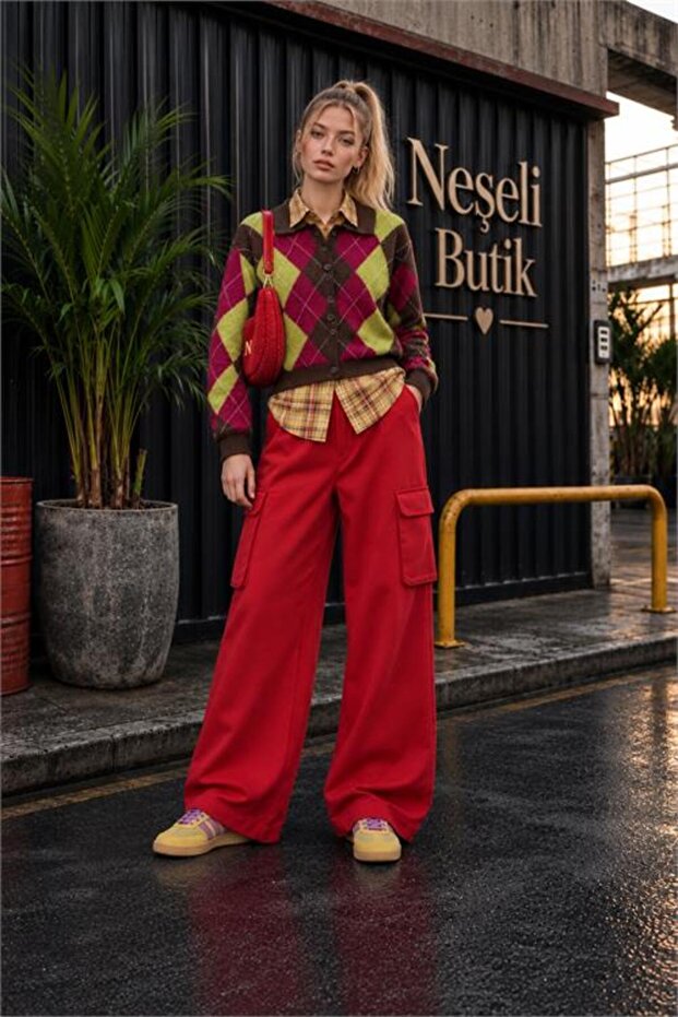 Women's Red College Style Argyle Buttoned Knitwear Cardigan Nbht06