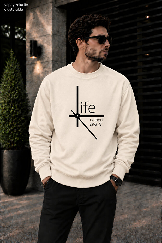 Men's Life Is Short Saat Mimarisi Graphic Printed Crew Neck Casual Regular Fit Sweatshirt