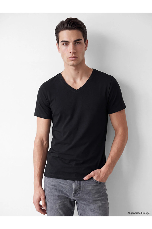 Black V-Neck Short Sleeve Men's Undershirt