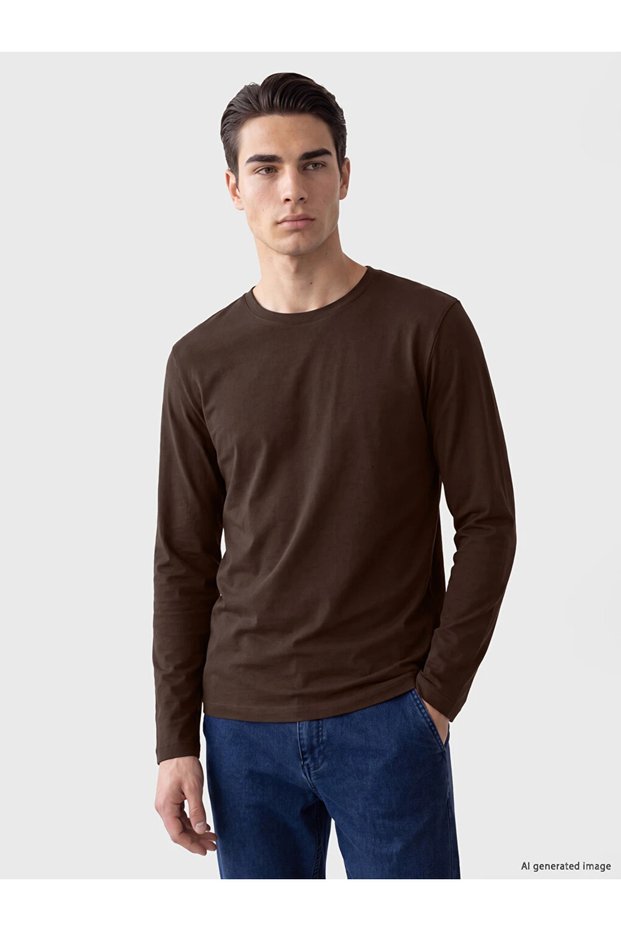 Brown Crew Neck Long Sleeve Men's T-Shirt