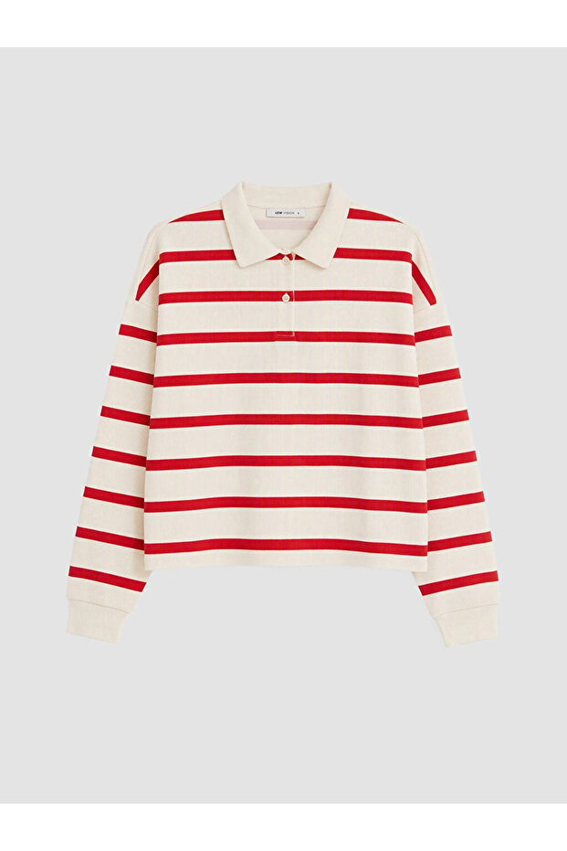 Red Polo Collar Striped Women's T-Shirt
