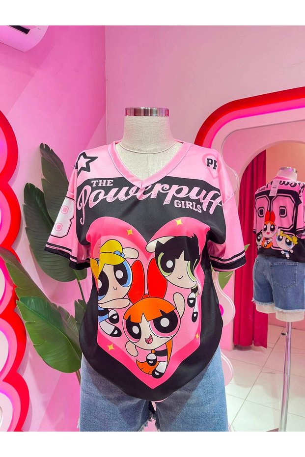 Pink Black V-Neck the Powerpuff Girls Jersey T-Shirt