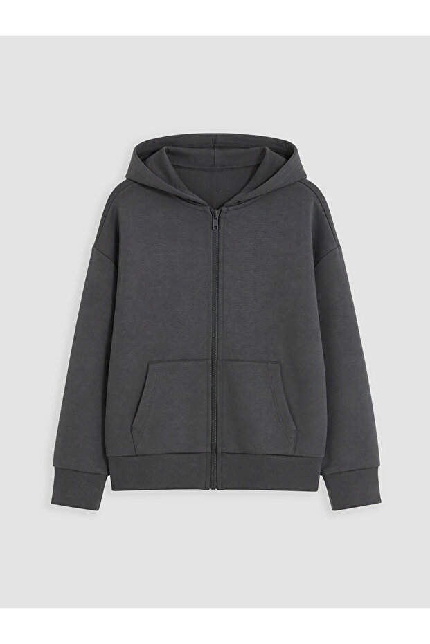 Anthracite Hooded Girls' Soft Touch Zippered Sweatshirt