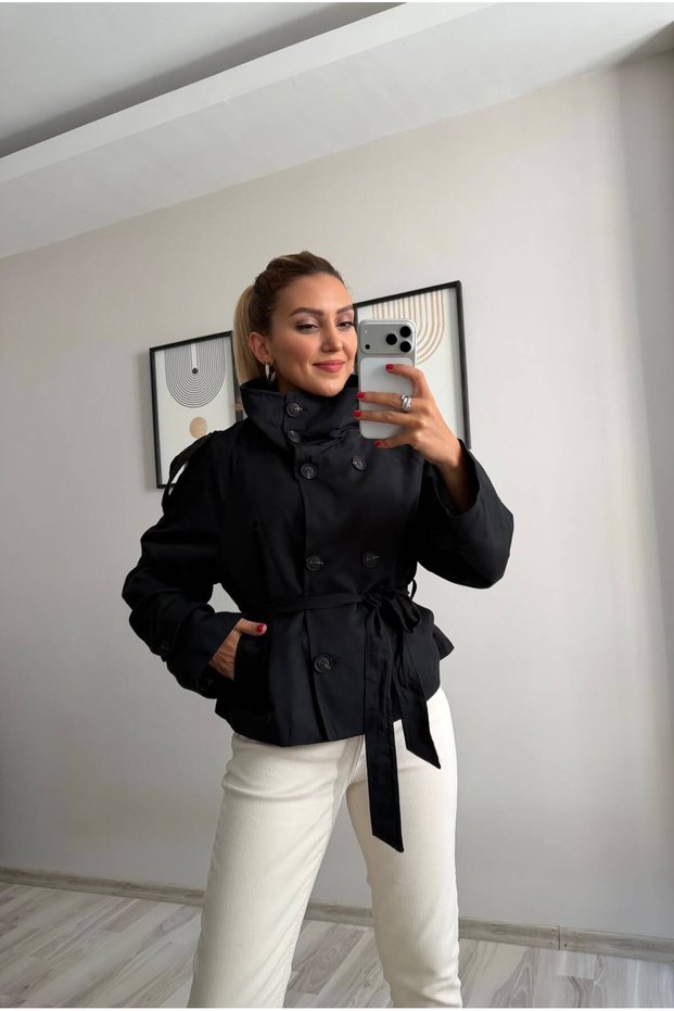 High Collar Buttoned Waist-Tied Black Trench Jacket
