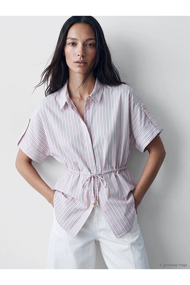 Pink Striped Oversized Women's Shirt with Tie Waist