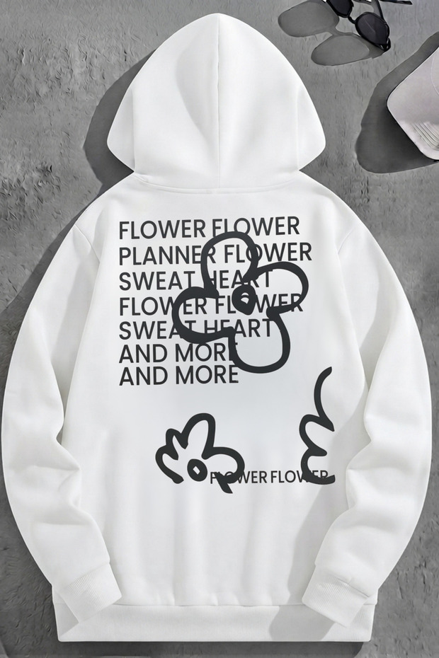 Unisex 3 Thread Cotton White Doubleflower Print Loose Fit Sweatshirt Hoodie