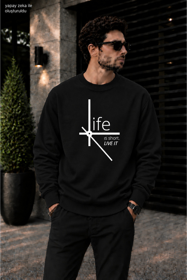 Men's Life Is Short Saat Mimarisi Graphic Printed Crew Neck Casual Regular Fit Sweatshirt