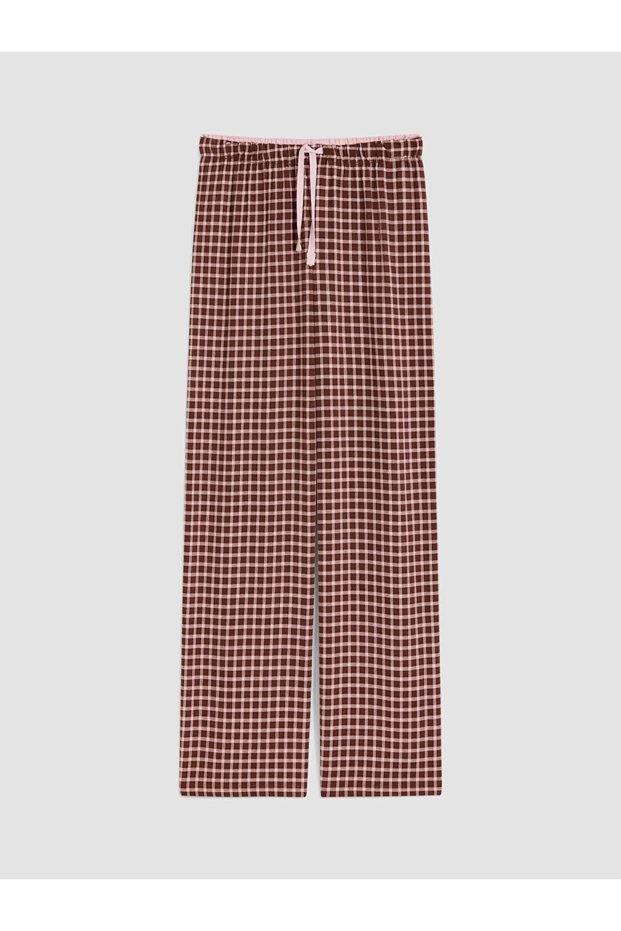 Brown Elastic Waist Plaid Women's Pajama Bottoms