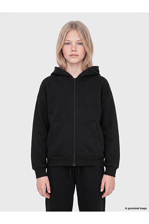 Black Hooded Thick Girls' Zippered Sweatshirt