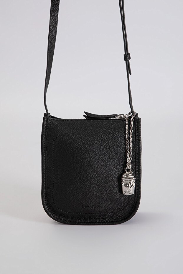 Black Leather Crossbody Shoulder Bag with Charm Detail
