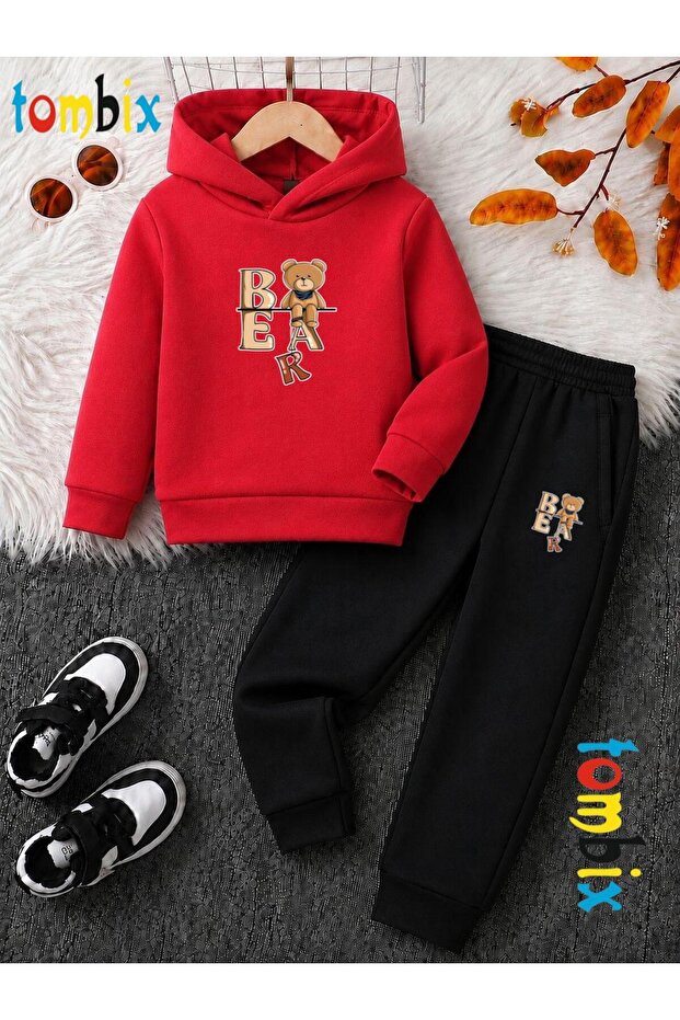 Bear Teddy Bear Printed Thick Winter Hooded Top/Bottom Children's Tracksuit Set (Pockets on the Bottom)