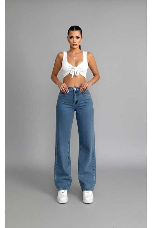 Carla Lycra Women's Blue Snow Super High Waist Loose Leg Denim Loose Palazzo Trousers