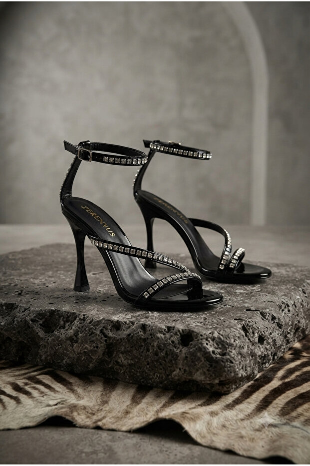 Zri̇n-20 black embellished vivet platform heeled evening shoes - 11 cm