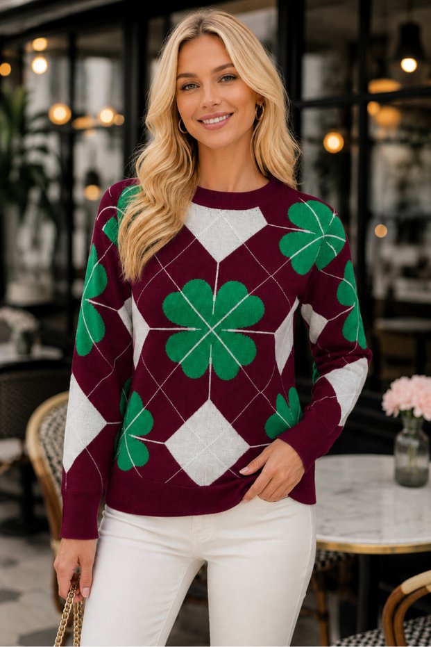 Women's Round Neck Long Sleeve Lycra Soft Clover Patterned Contrast Color Detailed Casual Comfortable Burgundy Knitwear Sweater