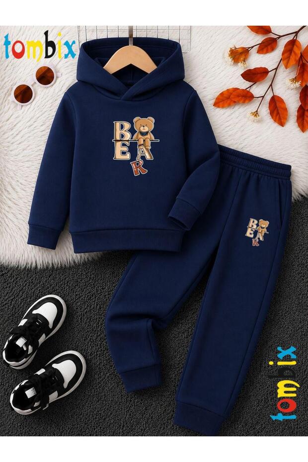 Bear Teddy Bear Printed Thick Winter Hooded Top/Bottom Children's Tracksuit Set (Pockets on the Bottom)