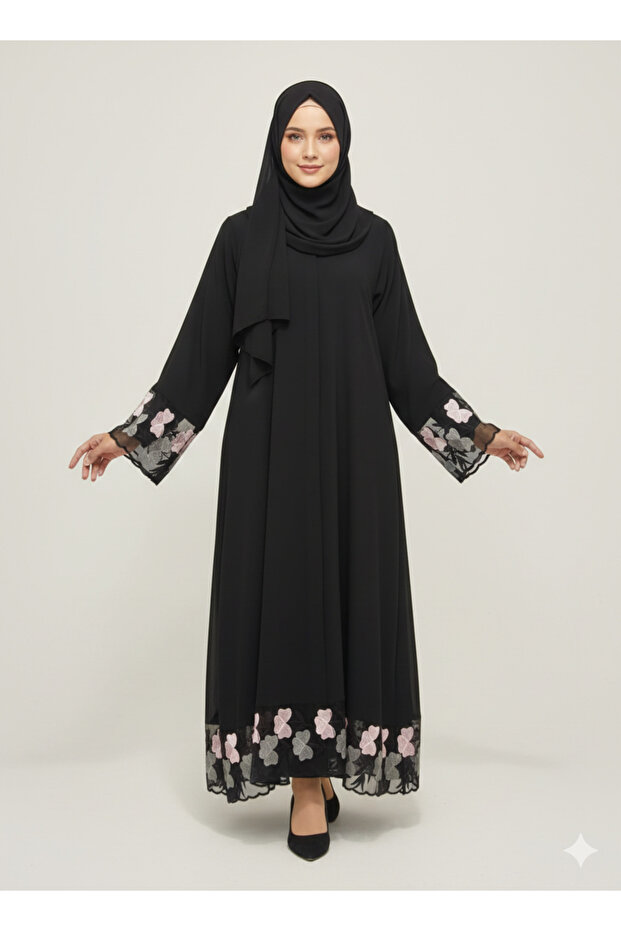 Black Abaya with Floral Organza Net Embroidery | Rizqé Luxury Blush Pink & Grey Petal Border