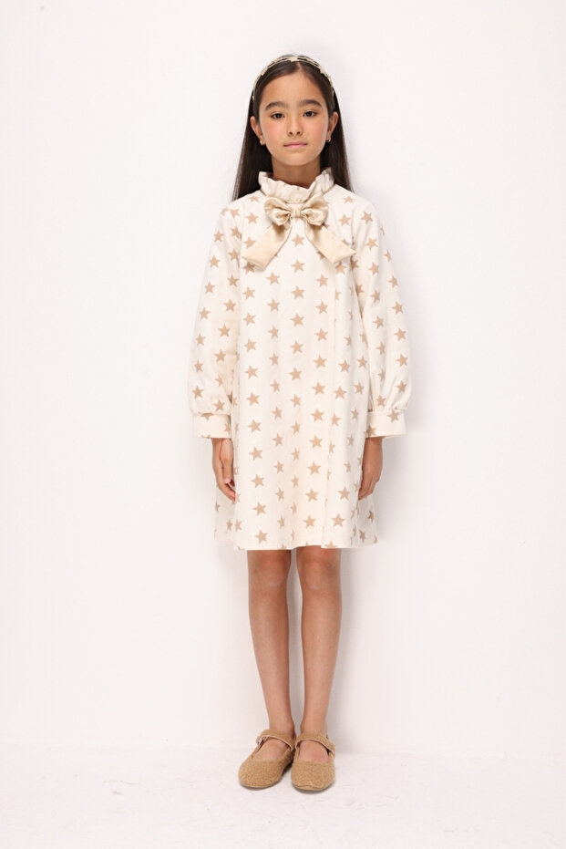 Beige Star Patterned Girl's Gabardine Dress - Poppy