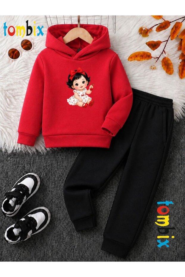 Kirazcı Girl's Printed Thick Winter Hooded Top/Bottom Children's Tracksuit Set (Pockets on the Bottom of the Pants)