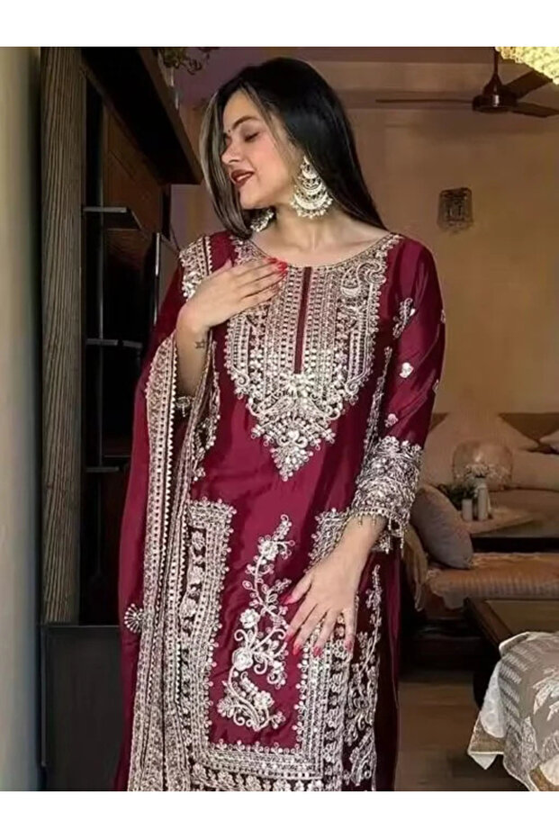 Maroon Chinon Silk Pakistani Suit Set - FFT9438 | Maroon-Size:M-38-Inches