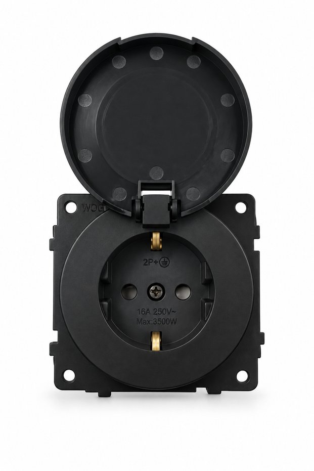 Metallic Black Wog Child-Proof Covered Grounded Socket Frameless | 16A 250V Max 3500W | Wall Socket with Cover | Grounded Socket for Home Office Indoor Electrical Installation