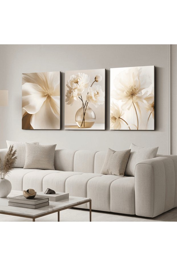 White Delicate Flowers 3 Piece Canvas - Canvas Painting