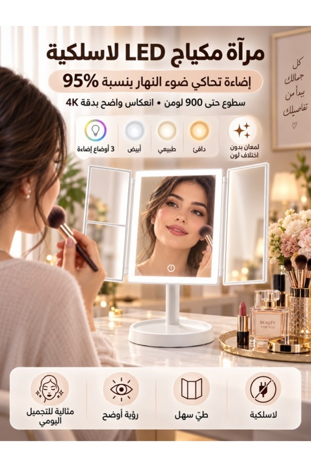 مرآة مكياج LED قابلة للطي ثلاثية الأبعاد قابلة لإعادة الشحن، تكبير 2X/3X، 3 أوضاع إضاءة، دوران 360 درجة ° مرآة تجميل محمولة قابلة للتعديل بدون أسلاك