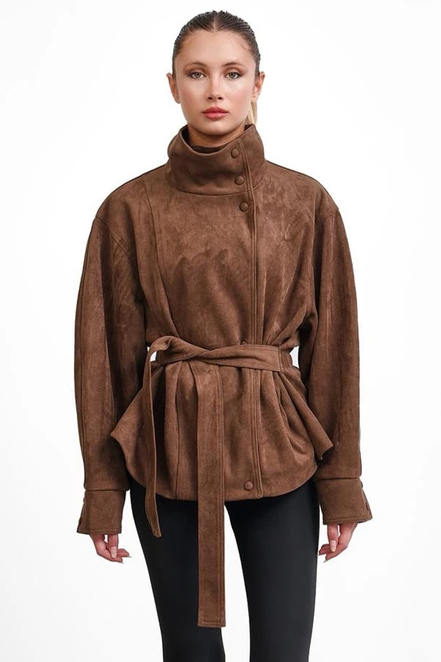 Zr Model Women's Suede Belted Stand Collar Oversized Suede Jacket