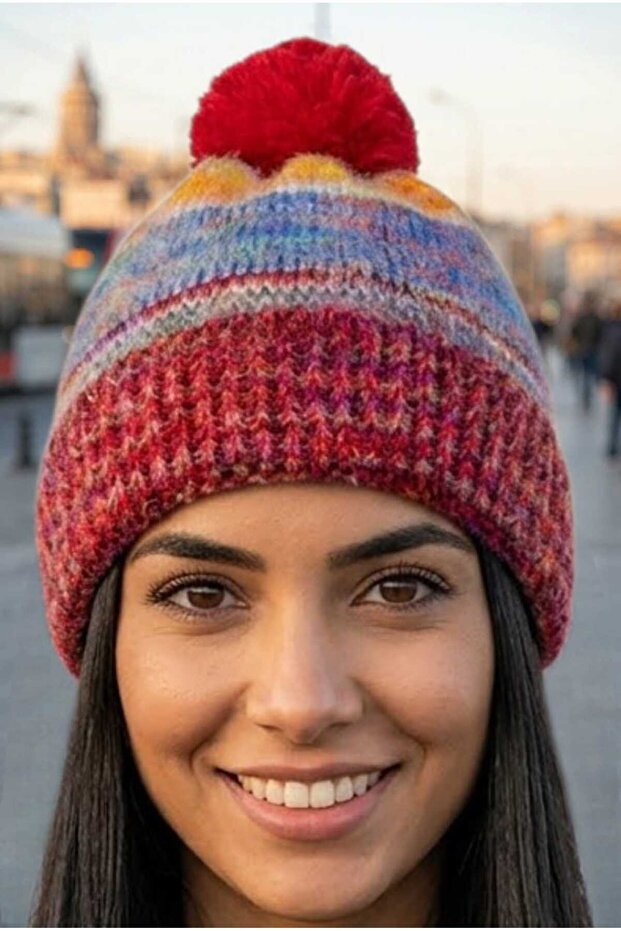 Women's Marbled Patterned Pompom Knitted Winter Beanie
