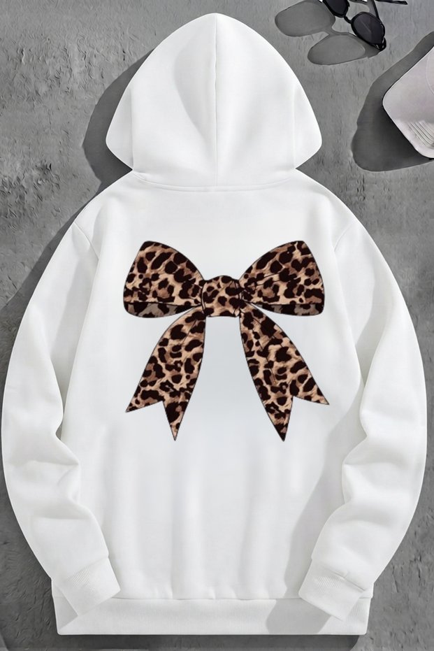 Unisex 3 Thread Cotton White Leopard Ribbon Print Loose Fit Sweatshirt Hoodie