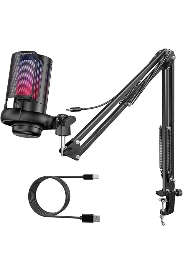 ميكروفون مكثف، ميكروفون للألعاب، ميكروفون USB للكمبيوتر الشخصي مع إضاءة RGB، زر كتم الصوت باللمس، توصيل وتشغيل