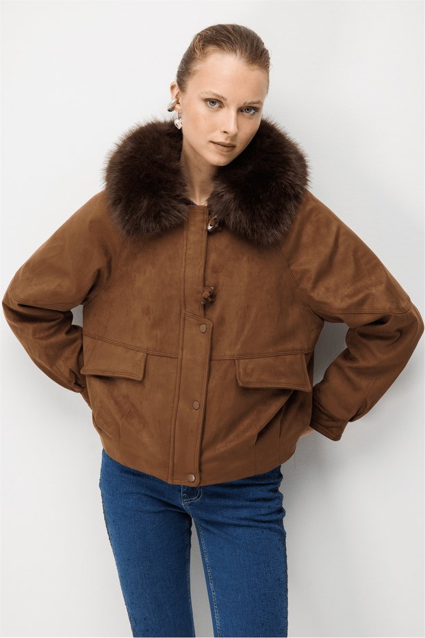 Suede Coat with Fur Inside and Pocket on the Inside, Brown