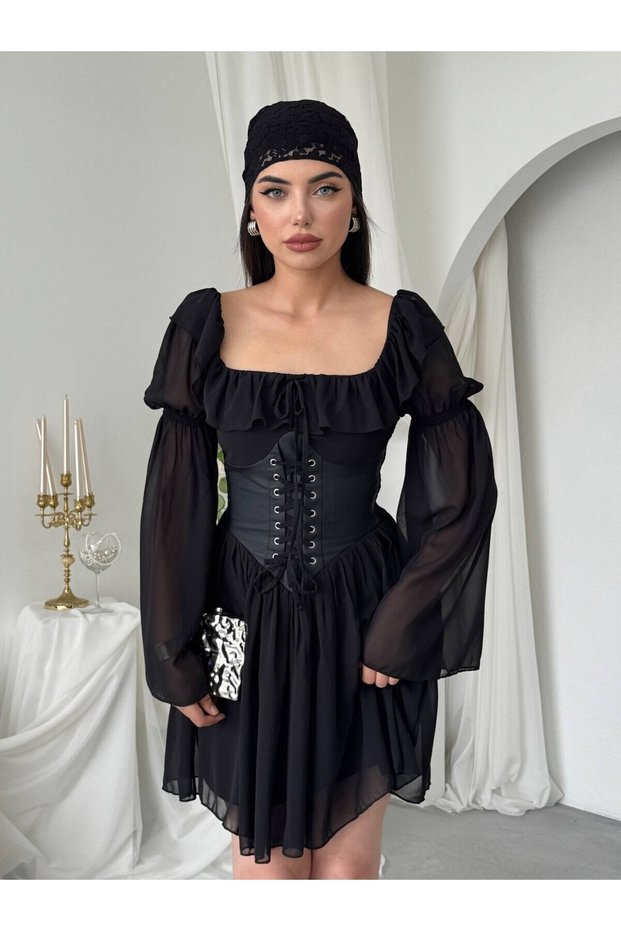 Women's Black Mini Dress with Corsage Detail, Chiffon Sleeves, Lace-Up and Flounces