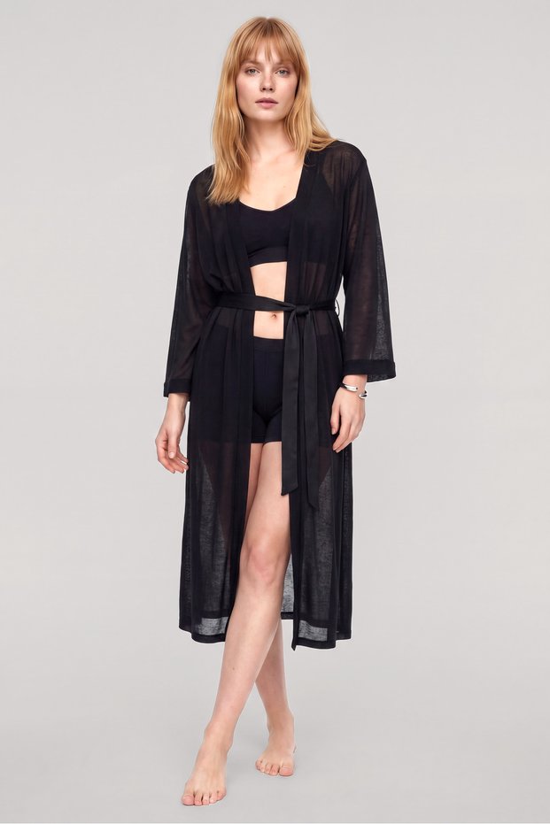 Women's Black Long Belted Dressing Gown