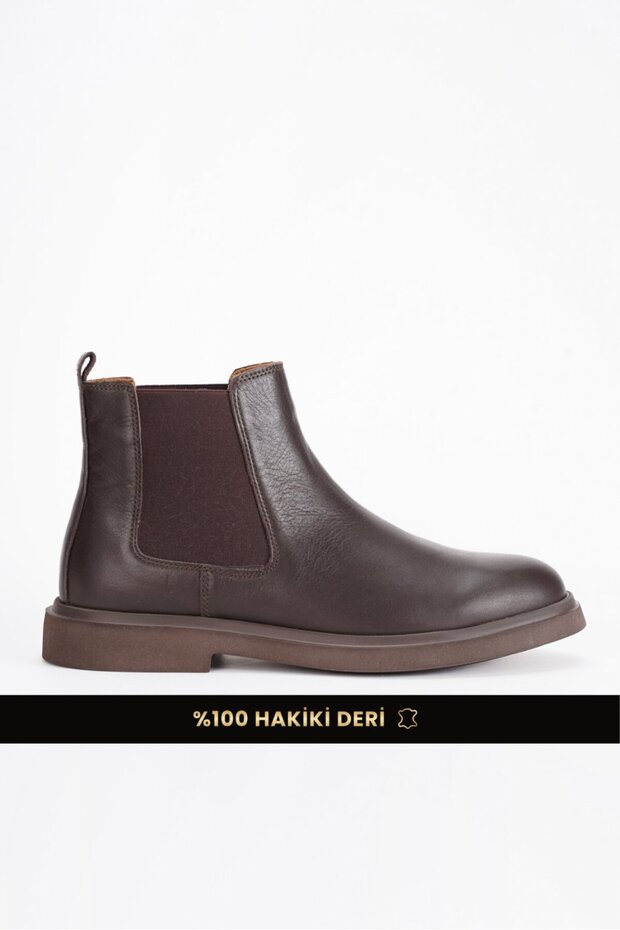 Genuine Leather Men's Chelsea Boots Elastic Thick Sole Casual Winter Cold Resistant Brown