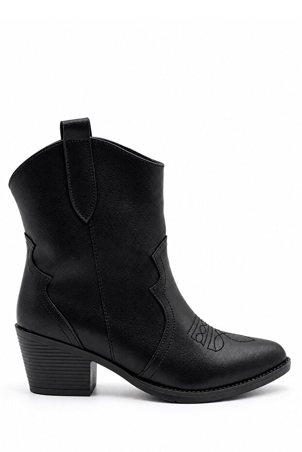 Shane Women's Black Leather Embroidered Pointed Toe Thick Heeled Western Cowboy Boots 5.5 cm Heel