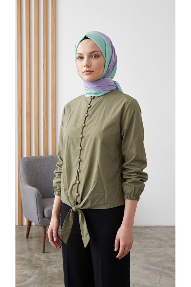 Buttoned Shirt with Tieable Skirt, Elastic Waist and Sleeves