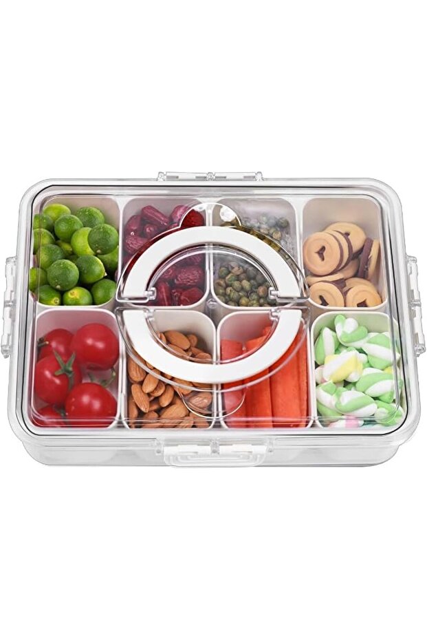 Divided Serving Tray with Lid and Handle, 8 Compartment Snackle Box Container, Travel Charcu