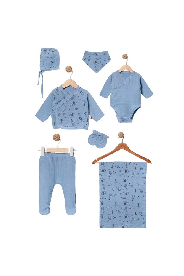Baby Boy Newborn 100% Cotton Safari Patterned Muslin Fabric 7-Piece Newborn Set Hospital Discharge Set
