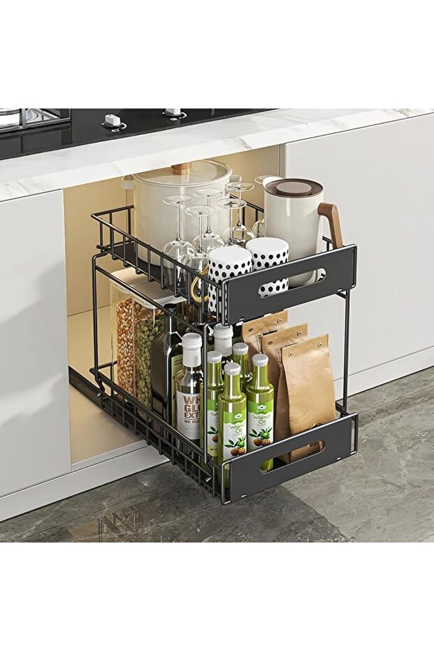2-Tier Pull Out Cabinet Organizer - Metal Sliding Storage Baskets with Mesh Drawers, Under Sink Orga