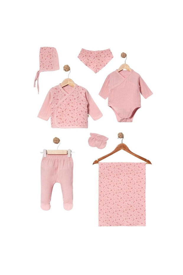 Baby Girl Newborn 100% Cotton Leaf Patterned Muslin Fabric 7-Piece Newborn Set Hospital Discharge Set