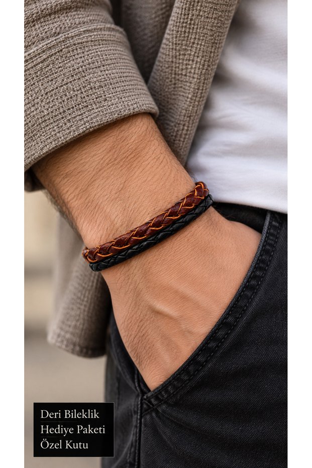Treviano Copperstrand Brown Leather Men's Bracelet - Copper Tone Double Braid