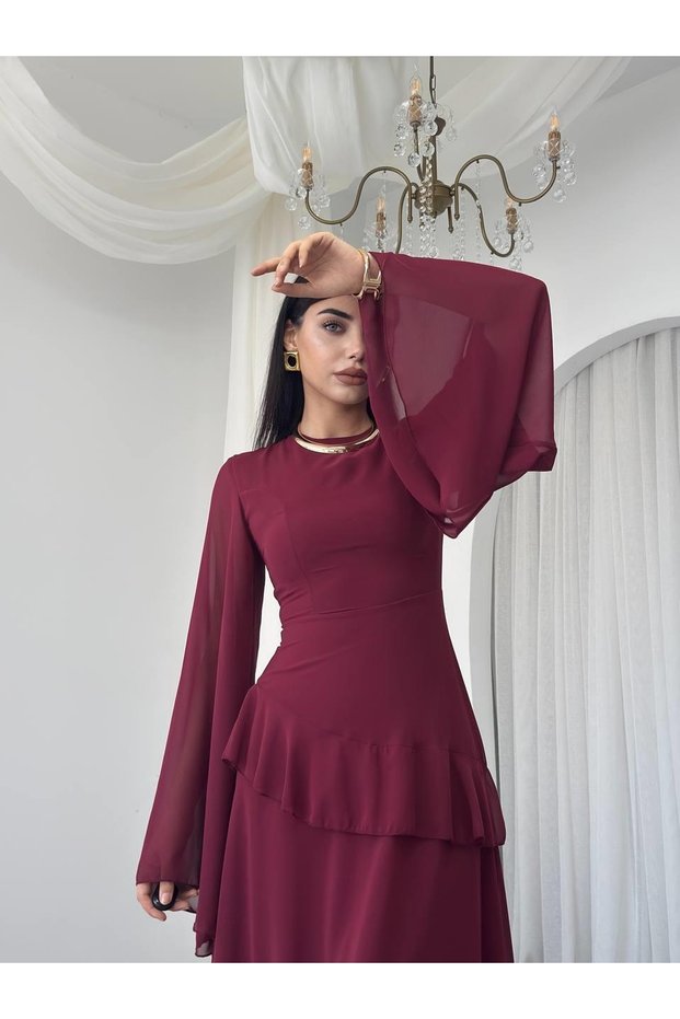 Women's Burgundy Midi Dress Round Neck Chiffon Flounce Long Sleeve A-Line