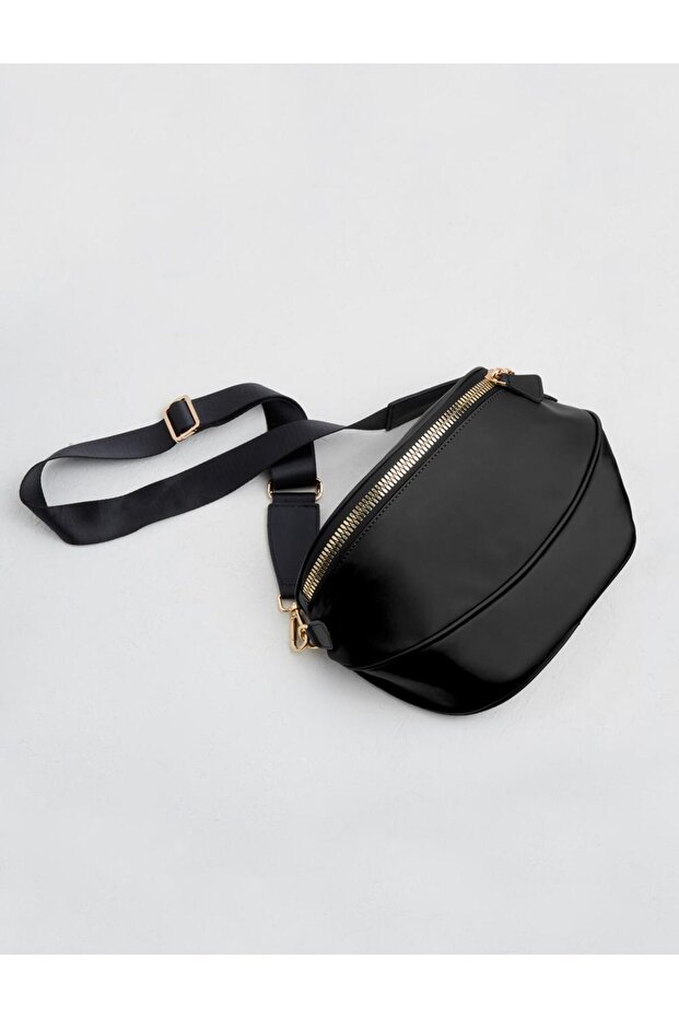 Black Zippered Waist Bag with Adjustable Strap Detail