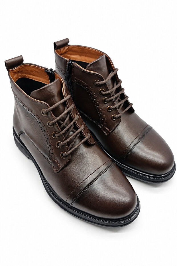 Brown Men's 100% Genuine Leather Lace-Up Zippered Ankle Boots | Rubber Sole Full Mold | Daily Classic Stylish Comfortable Men's Boots Shoes | Ankle-Length Modern Design Leather Boots Suitable for Business, Office, and City Use.